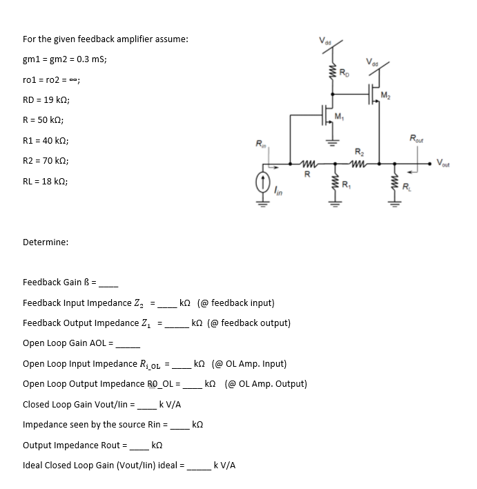 Solved For the given feedback amplifier assume: gm1 = gm2 = | Chegg.com