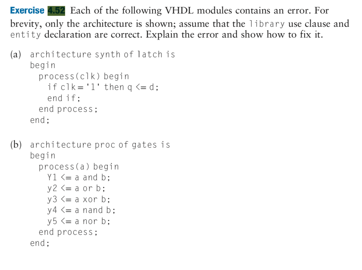 Exercise 4.52 Each of the following VHDL modules | Chegg.com