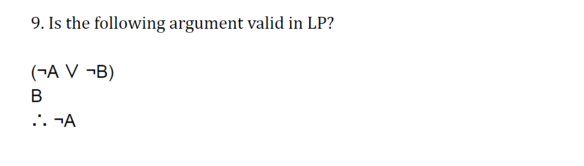 9. Is The Following Argument Valid In LP? (¬A∨¬B) B | Chegg.com