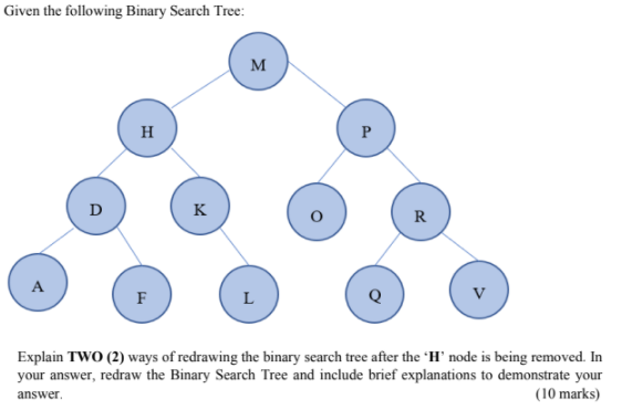 Solved Given the following Binary Search Tree: M H Р D K R A | Chegg.com