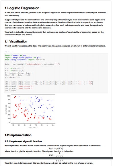 1 Logistic Regression In This Part Of The Exercise, | Chegg.com