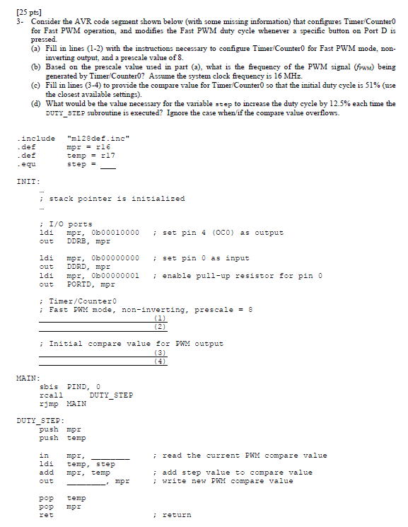 Solved [25 pts] 3. Consider the AVR code segment shown below | Chegg.com