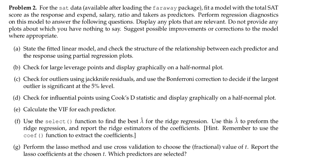 Problem 2. For the sat data (available after loading | Chegg.com
