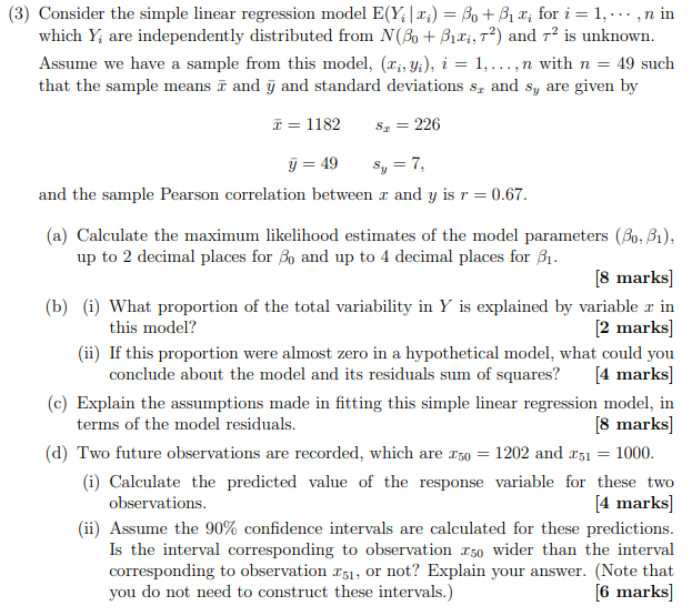 Solved (3) Consider The Simple Linear Regression Model | Chegg.com