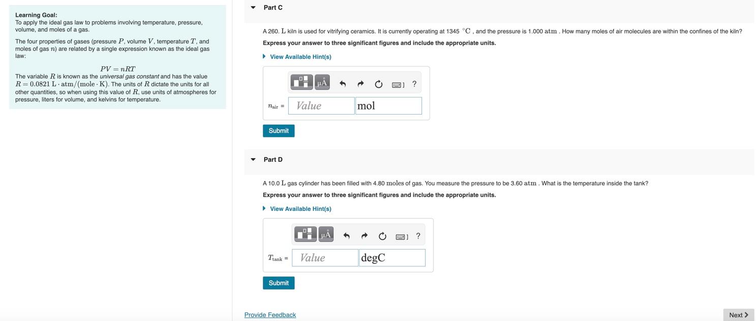 Solved Part A Learning Goal: To Apply The Ideal Gas Law To | Chegg.com