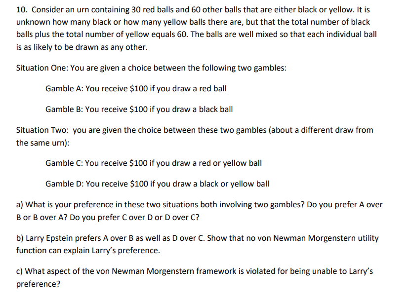 10. Consider an urn containing 30 red balls and 60 | Chegg.com