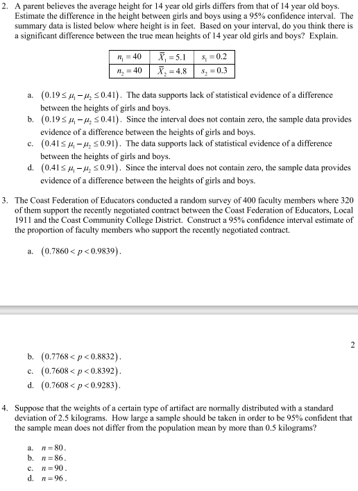 Solved 2. A parent believes the average height for 14 year