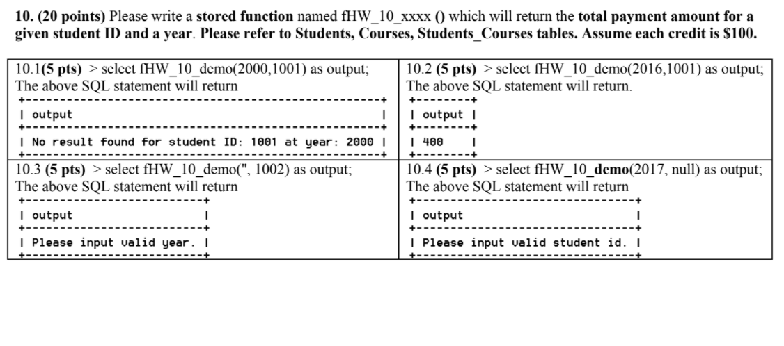 Solved 10. (20 points) Please write a stored function named | Chegg.com