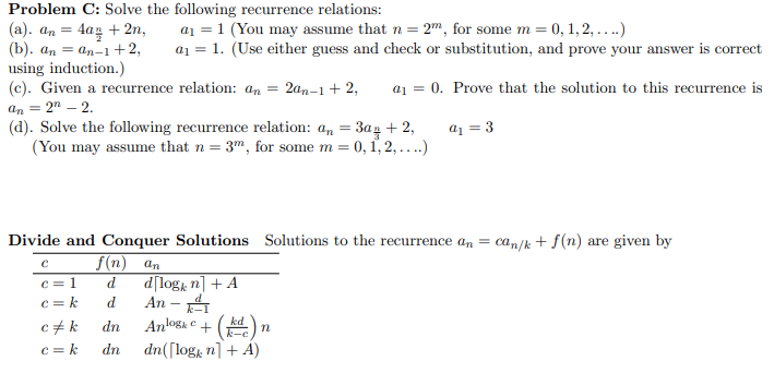 Solved Problem C: Solve the following recurrence relations: | Chegg.com