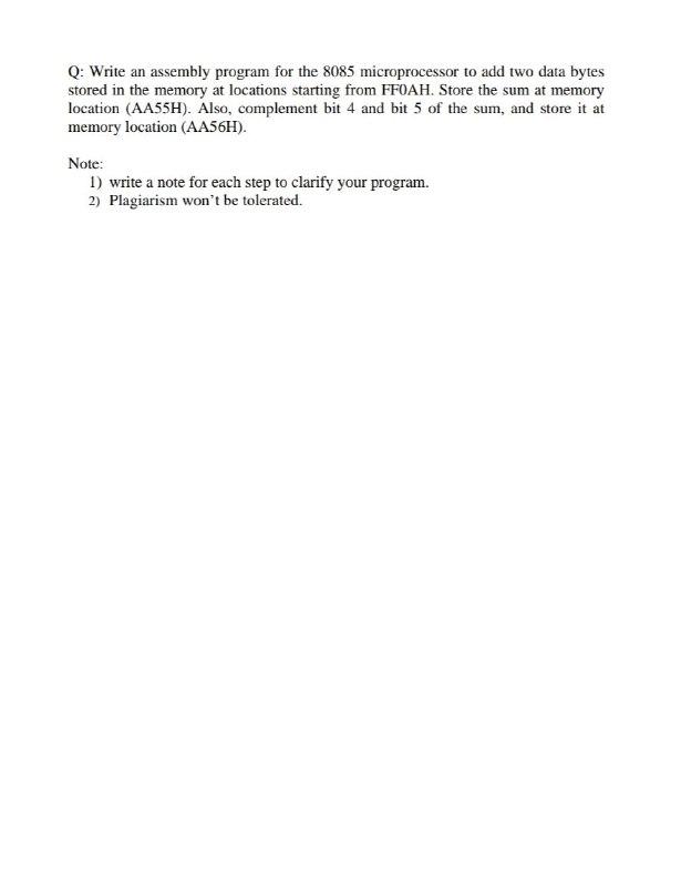 Solved Q: Write an assembly program for the 8085 | Chegg.com