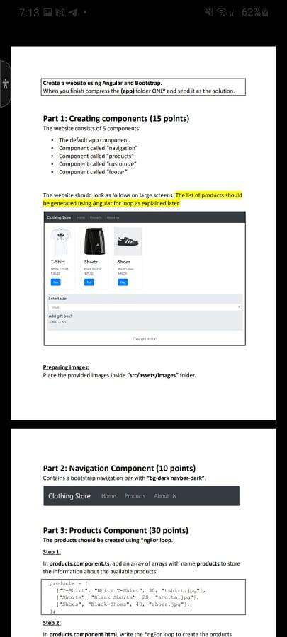 Solved 7:13 PM4 S.62% Create a website using Angular and | Chegg.com