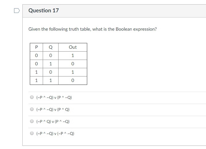 Solved D Question 17 Given the following truth table, what | Chegg.com