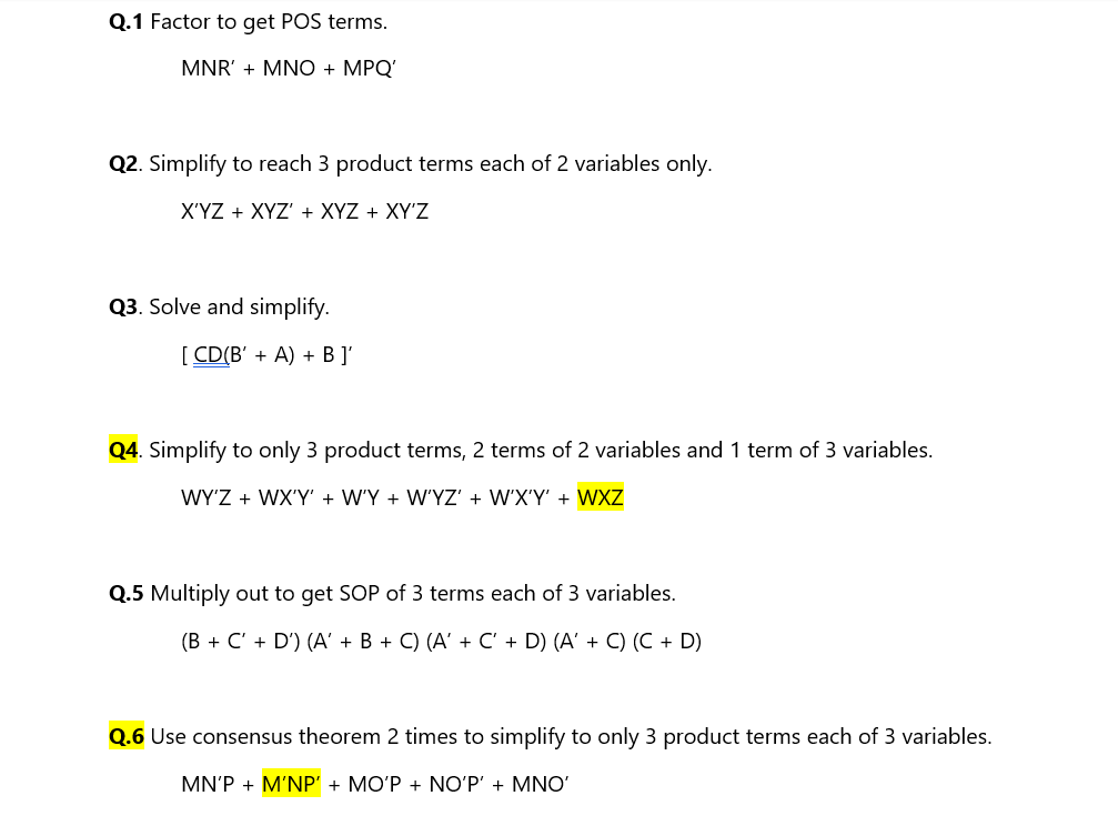 Solved Q1 Factor Get Pos Terms Mnr Mno Mpq Q2 Simplify Reach 3 Product Terms 2 Variables X Yz Xy Q