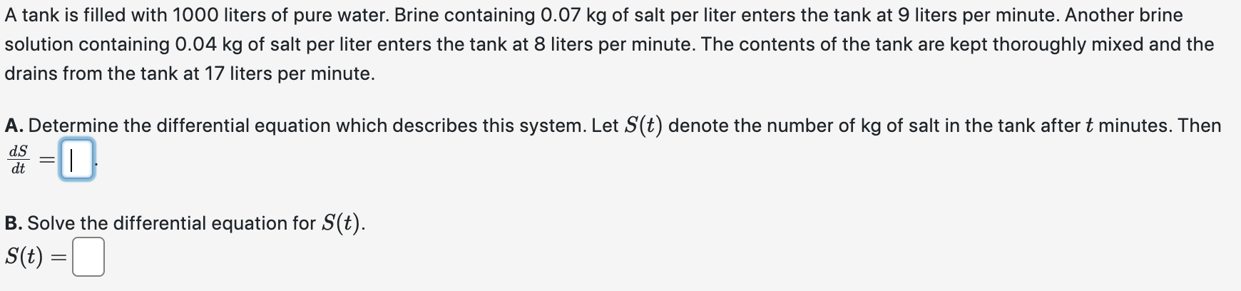 Solved A tank contains 1000 L of pure water. Brine that | Chegg.com