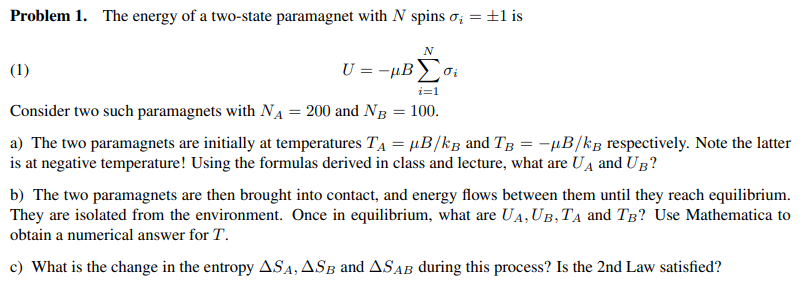 Solved Problem 1. The energy of a two-state paramagnet with | Chegg.com