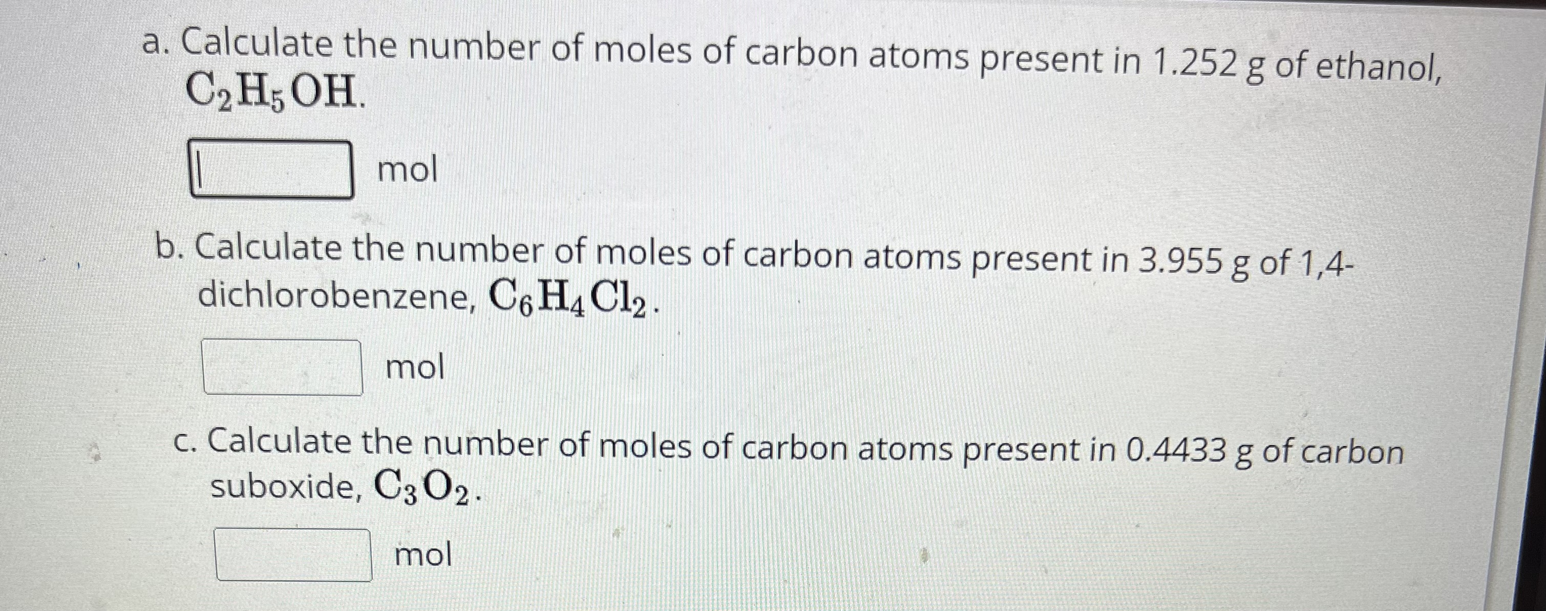 how to calculate the number of moles of carbon atoms present