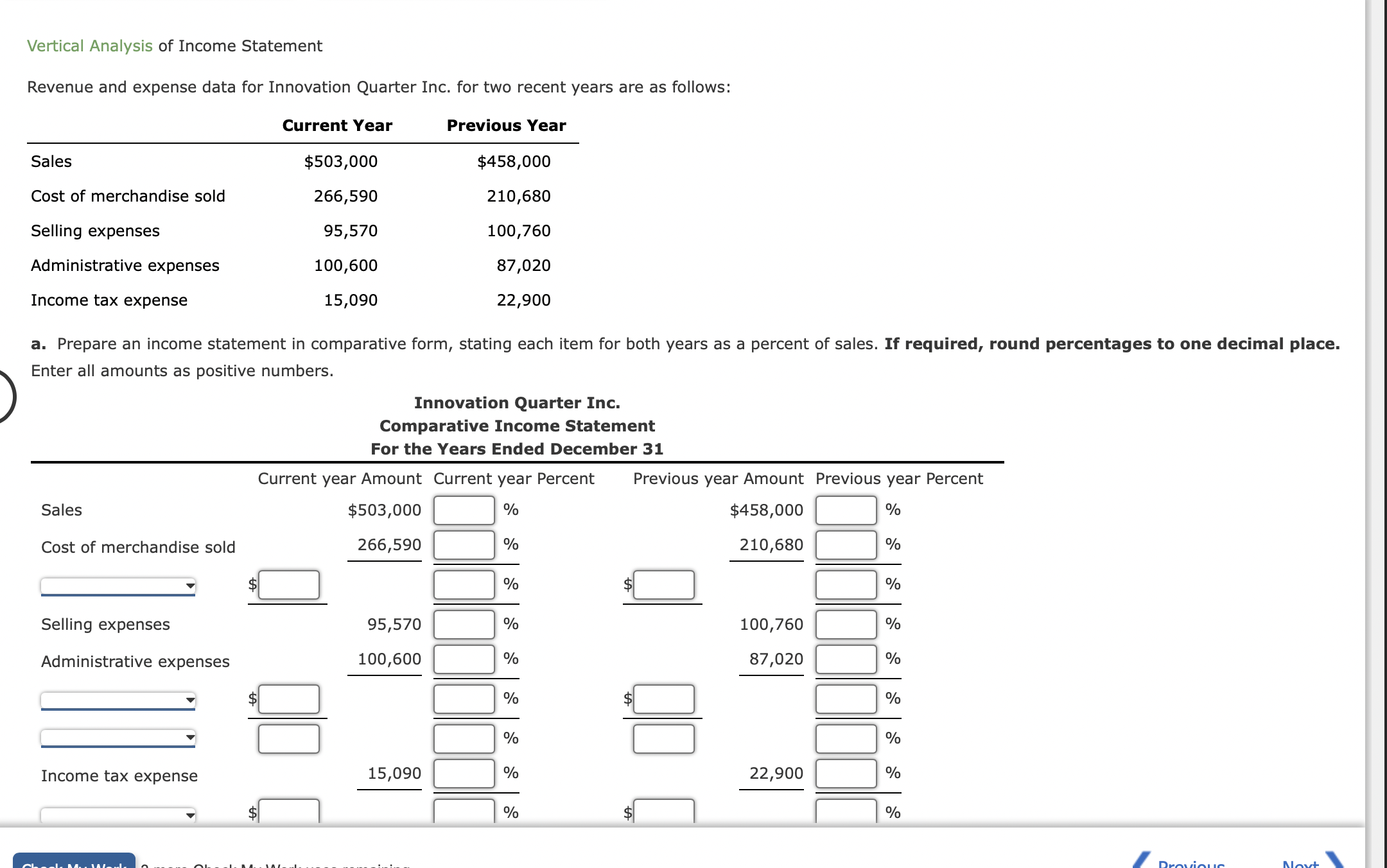 Solved Vertical Analysis of Income Statement Revenue and | Chegg.com