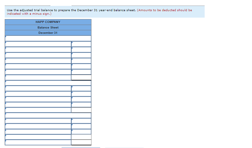 Use the adjusted trial balance to prepare the December 31 year-end balance sheet. (Amounts to be deducted should be indicated