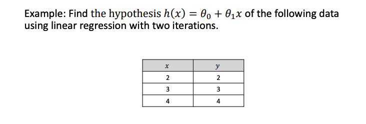 Example: Find the hypothesis \( h(x)=\theta_{0}+\theta_{1} x \) of the following data using linear regression with two iterat