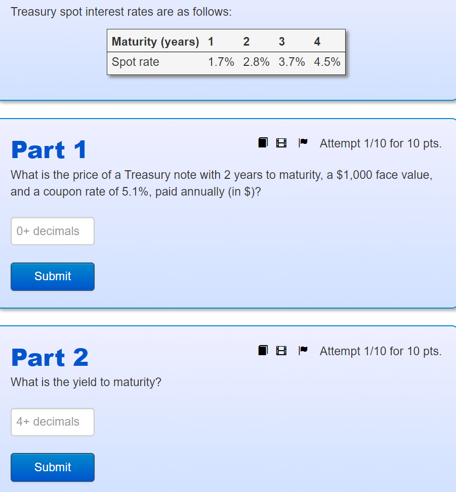 Solved Treasury spot interest rates are as follows: Maturity | Chegg.com