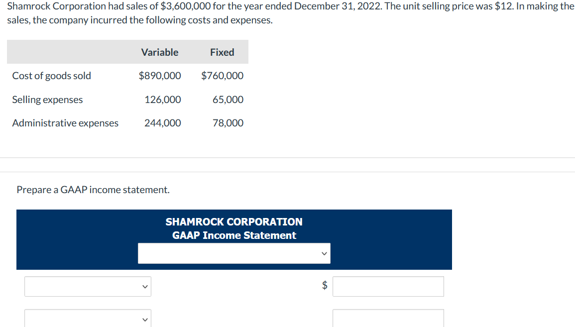 Solved Shamrock Corporation had sales of 3,600,000 for the