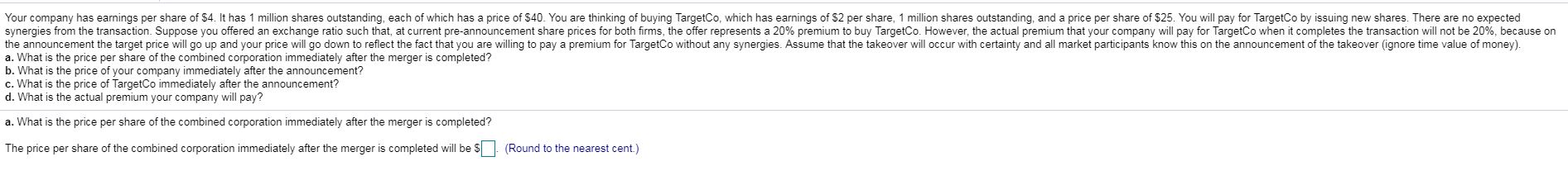 Solved Your company has earnings per share of $4. It has 1 | Chegg.com