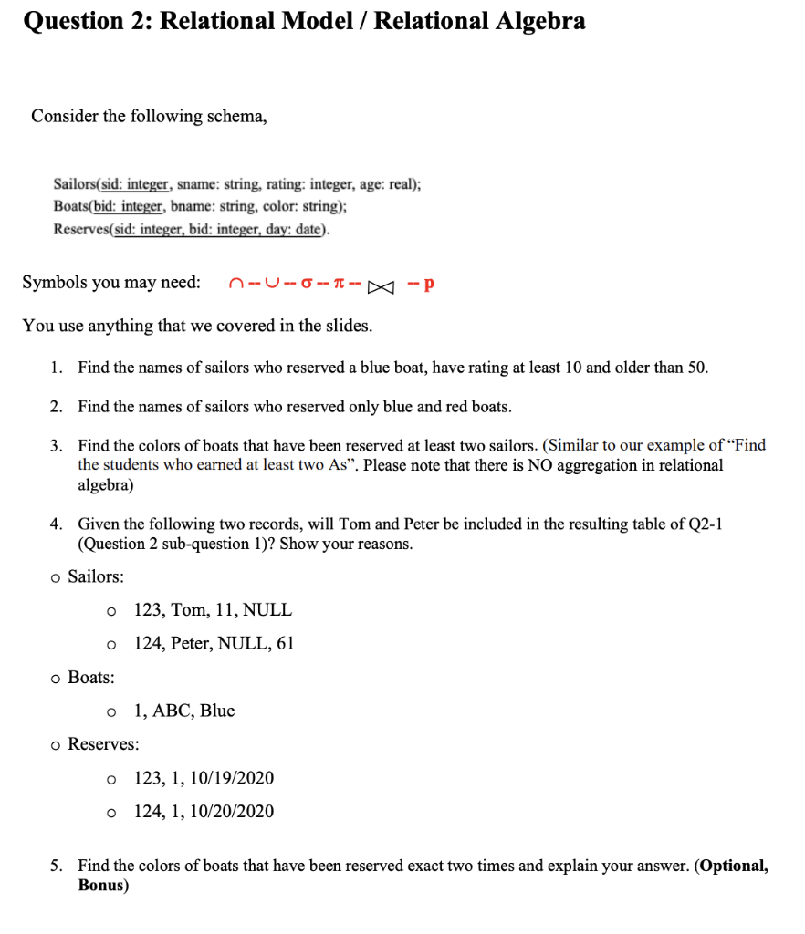 Solved Question 2: Relational Model / Relational Algebra | Chegg.com