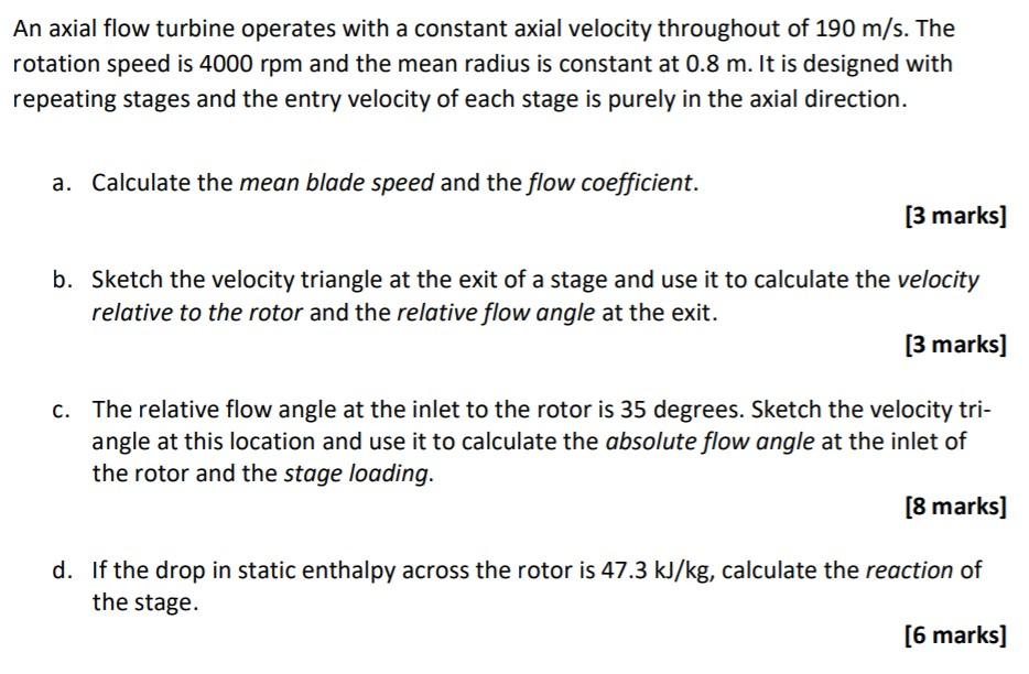 Solved An axial flow turbine operates with a constant axial | Chegg.com