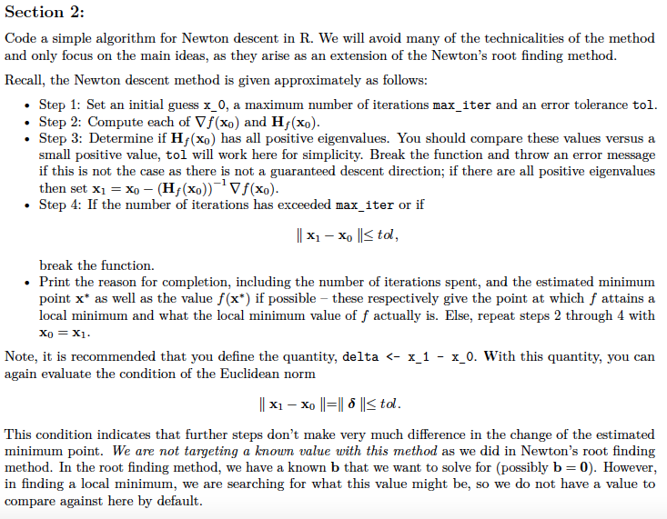 Section 2: Code a simple algorithm for Newton descent | Chegg.com