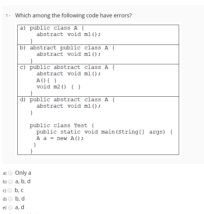 Solved 1. Which among the following code have errors? a) | Chegg.com