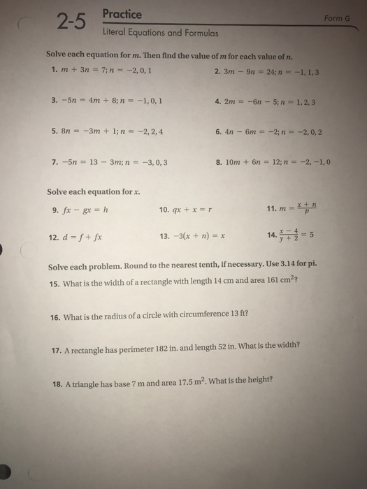 2 5 Practice Literal Equations And Formulas Form G Answer Key