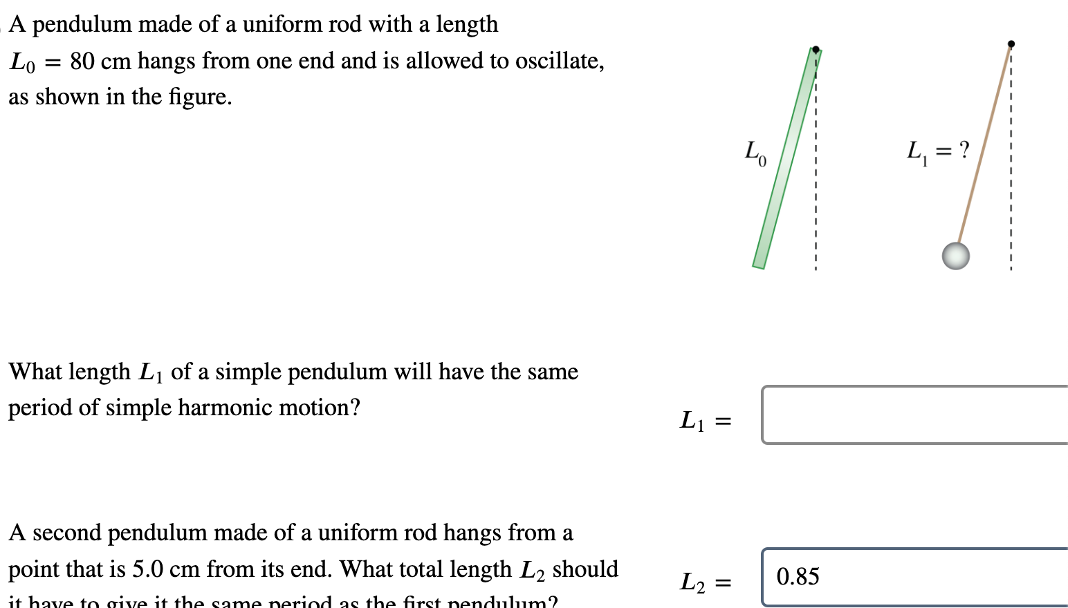 Solved A pendulum made of a uniform rod with a length L0=80 | Chegg.com