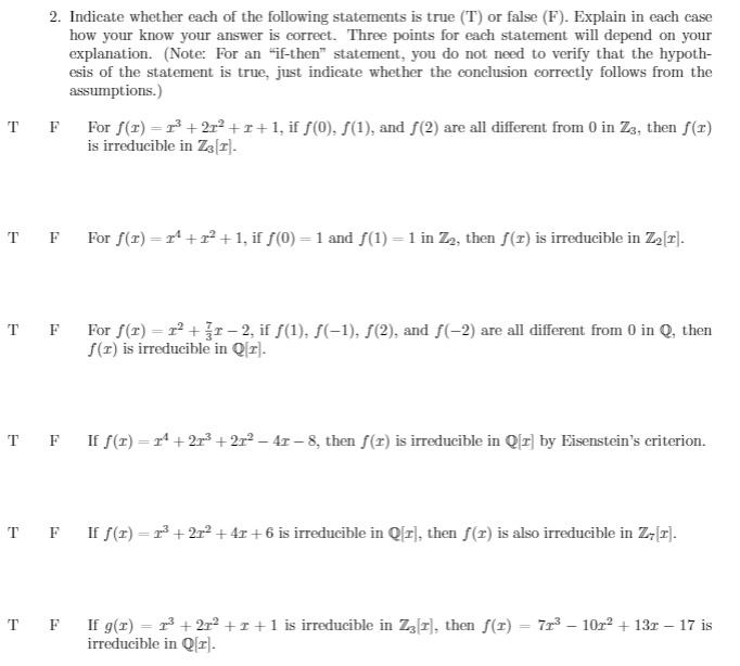 Solved 2. Indicate whether each of the following statements | Chegg.com