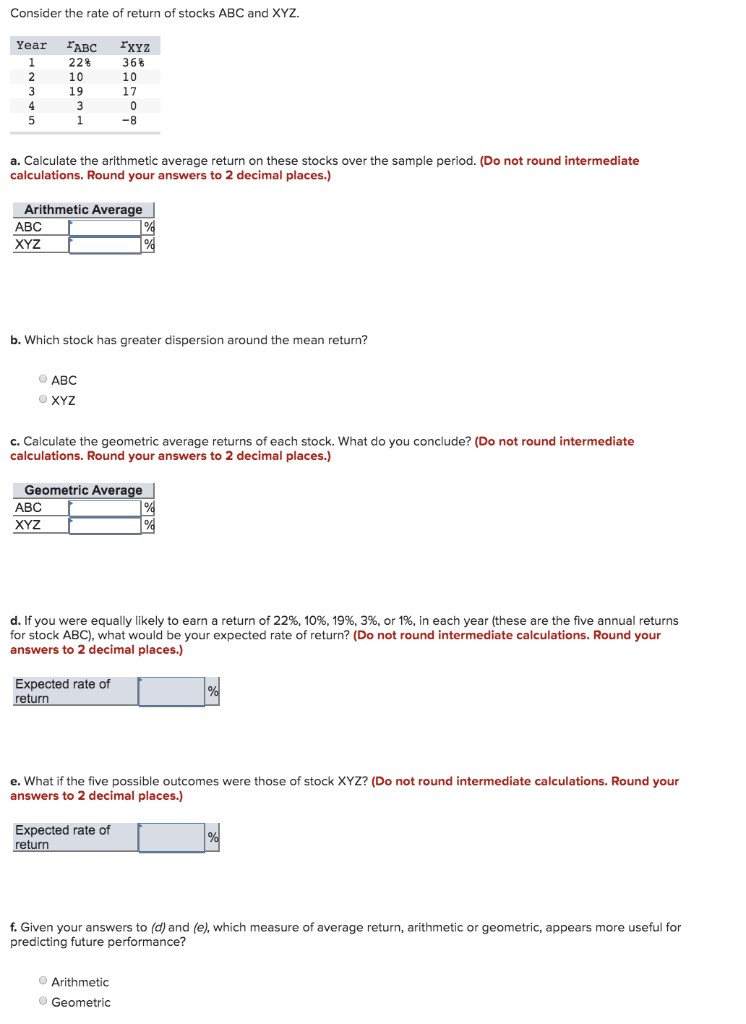 Solved Consider the rate of return of stocks ABC and XYZ. Chegg