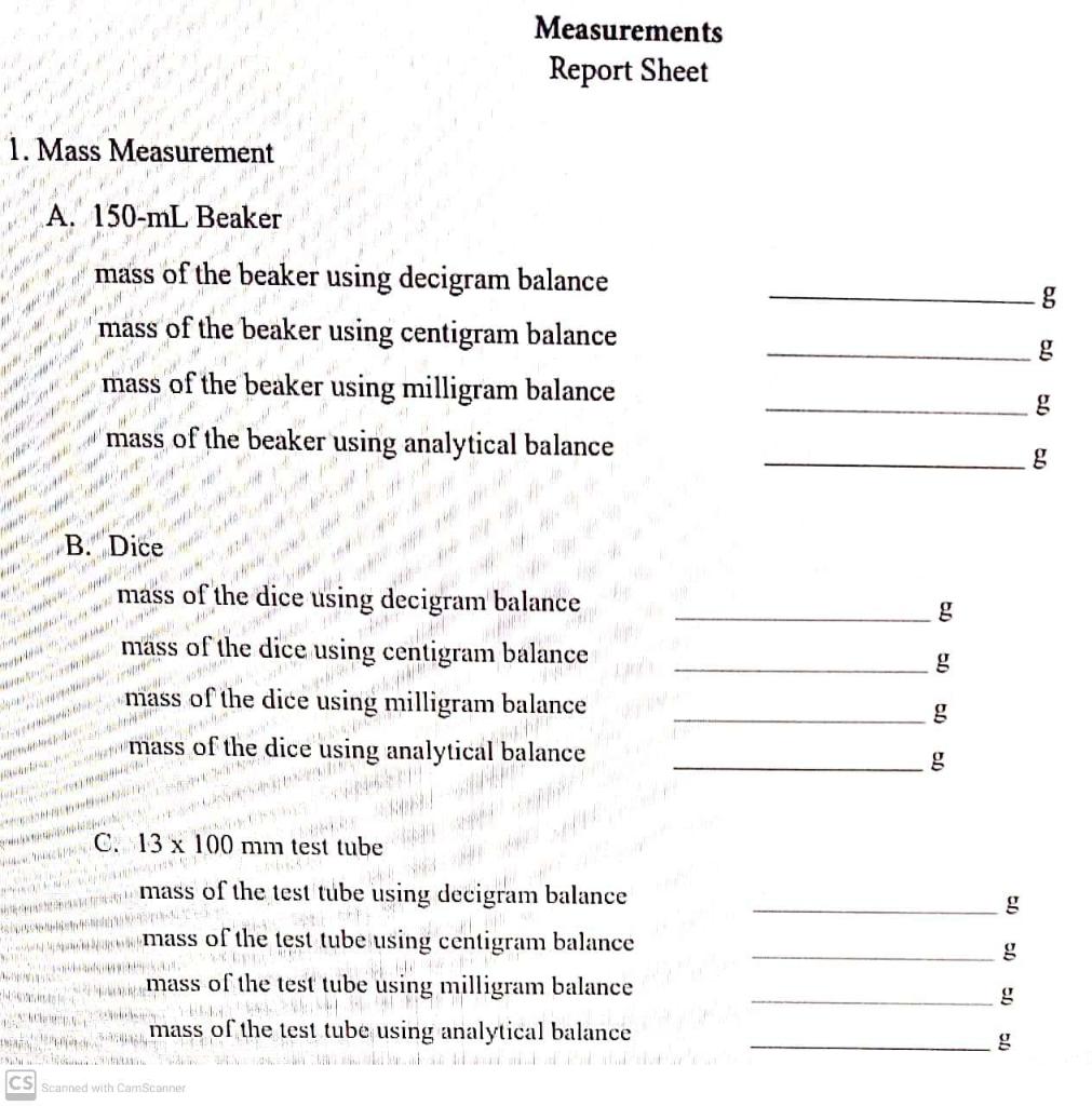 Mass Measurement A. 150mL Beaker mass of the beaker
