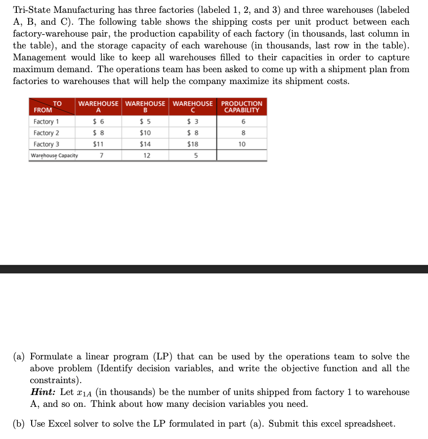 Solved TriState Manufacturing has three factories (labeled