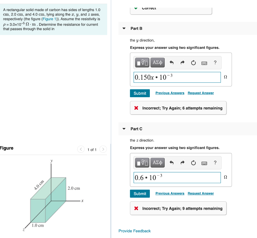 Solved Lorrect A rectangular solid made of carbon has sides | Chegg.com
