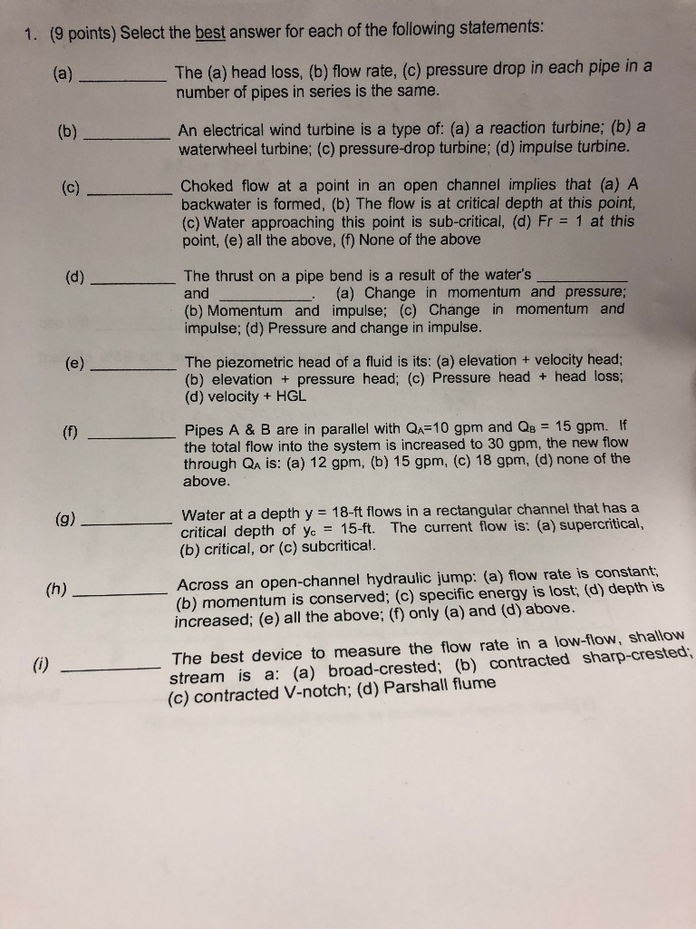 Solved (9 points) Select the best answer for each of the | Chegg.com