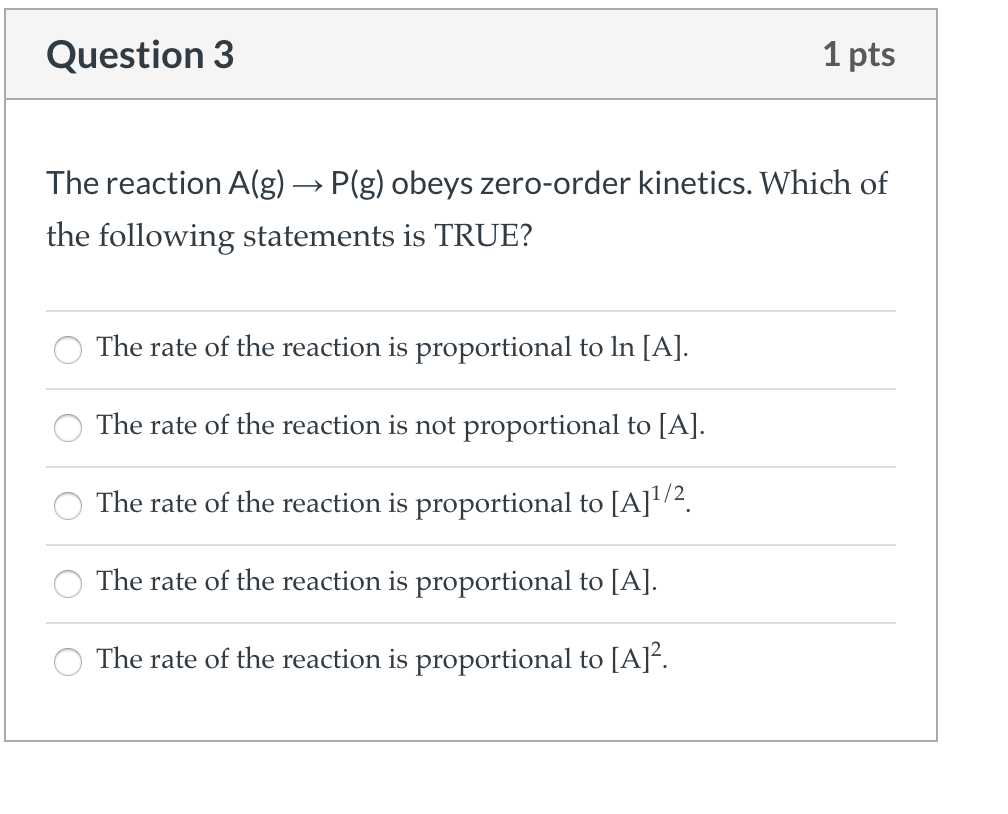 Solved Question 3 1 pts The reaction Alg) → P(g) obeys | Chegg.com