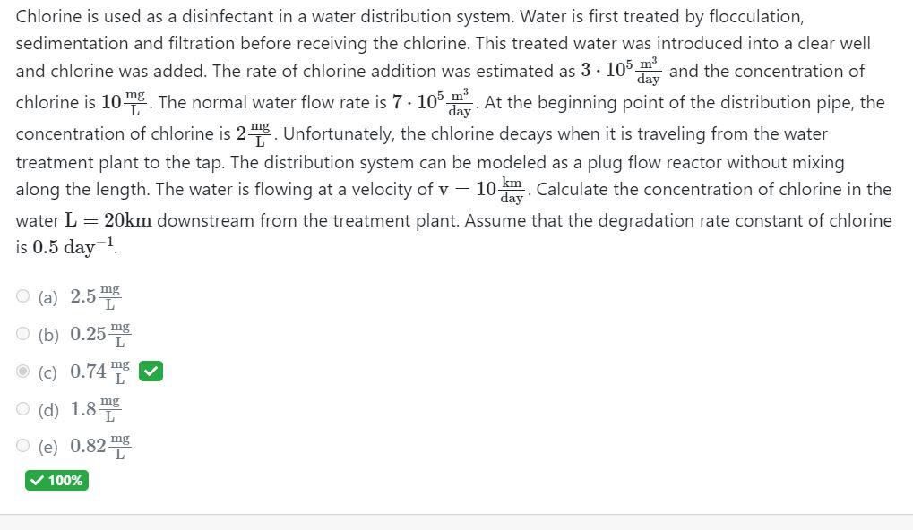 Solved Chlorine is used as a disinfectant in a water