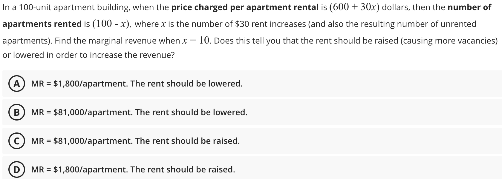 Solved In a 100-unit apartment building, when the price | Chegg.com