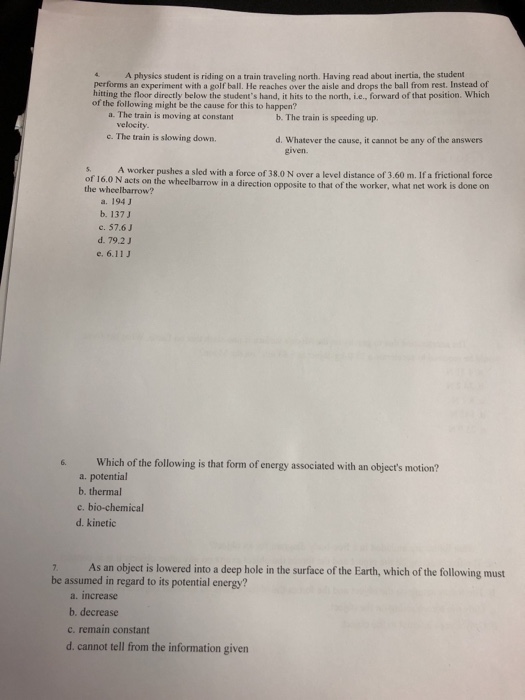 Solved 4 A physics student is riding on a train traveling | Chegg.com