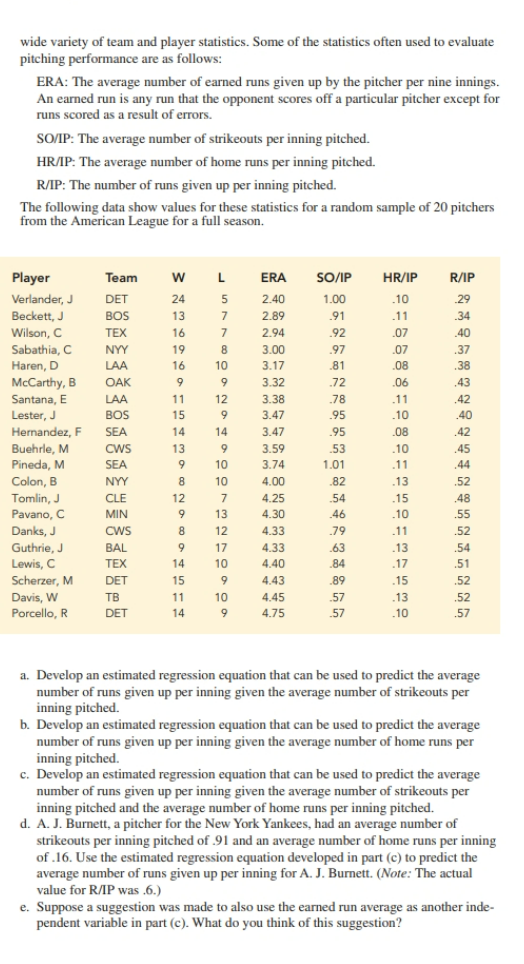 Solved wide variety of team and player statistics. Some of | Chegg.com