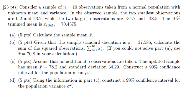 Solved [23 pts] Consider a sample of n = 10 observations | Chegg.com