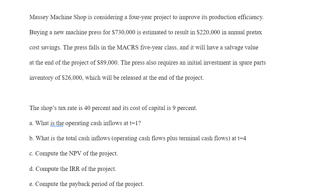 Solved Massey Machine Shop is considering a fouryear