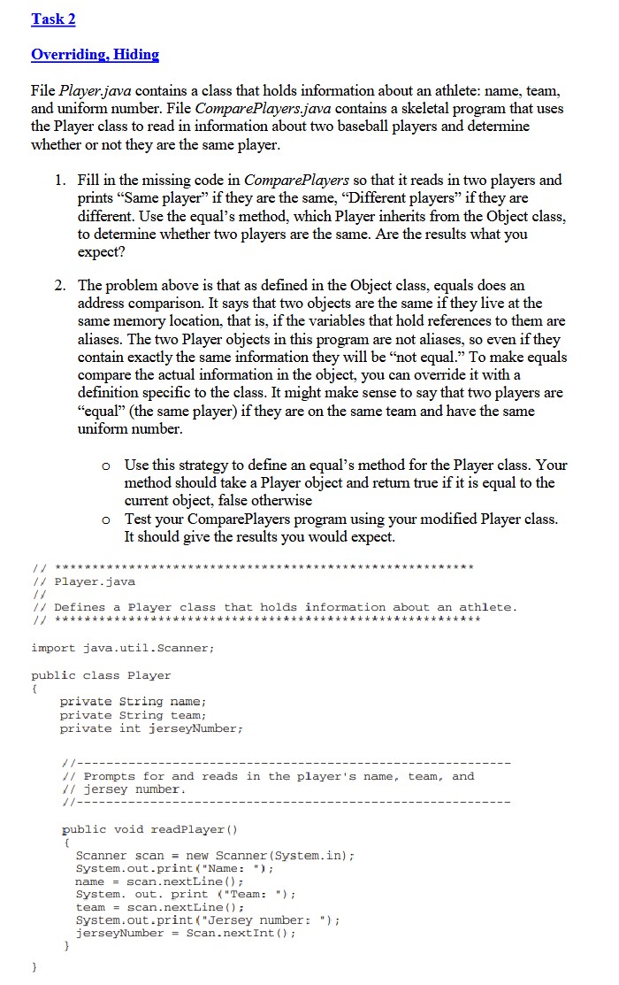 Solved Task 2 Overriding, Hiding File Player.java contains a | Chegg.com image.