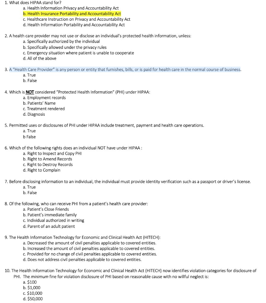 Solved 1. What does HIPAA stand for? a. Health Information