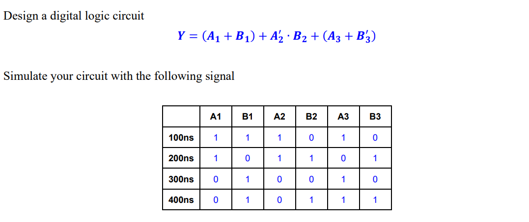 Solved Design A Digital Logic Circuit Y = = (A1 +B1) + Az · | Chegg.com