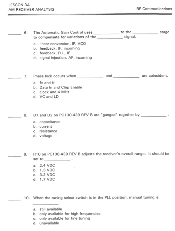 Solved RF Communications LESSON 3A AM RECEIVER ANALYSIS TEST | Chegg.com