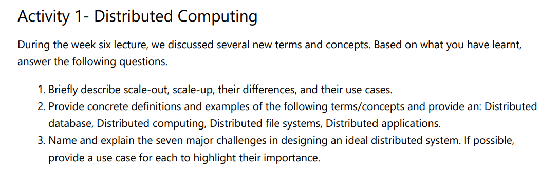 Solved Activity 1 - Distributed Computing During the week | Chegg.com